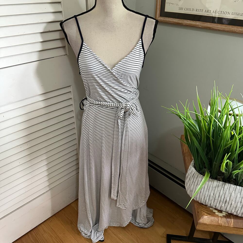 Gap Dress Womens Medium Blue Striped Midi Wrap Strappy Retro Summer Minimalist